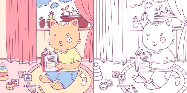 Children's coloring book or page with a sample with a cute kitten reading a book on the floor