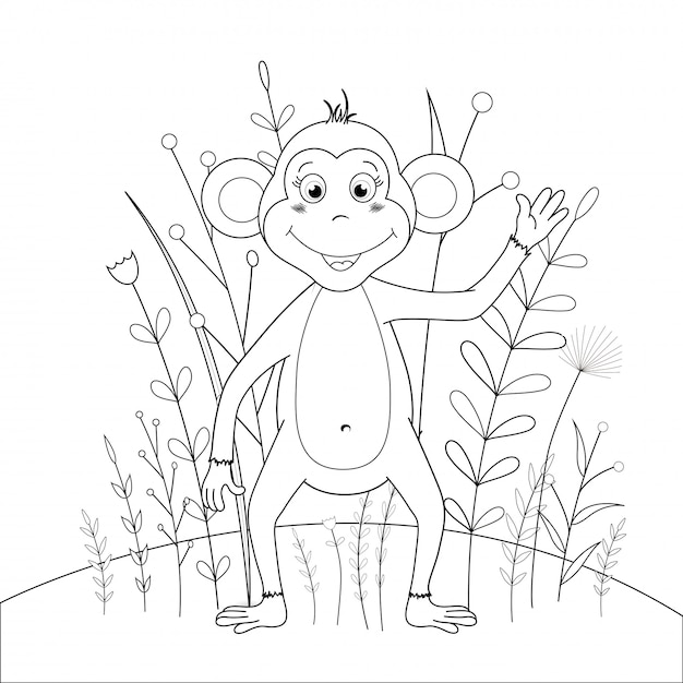 Children s coloring book with cartoon animals. Educational tasks for preschool children cute monkey