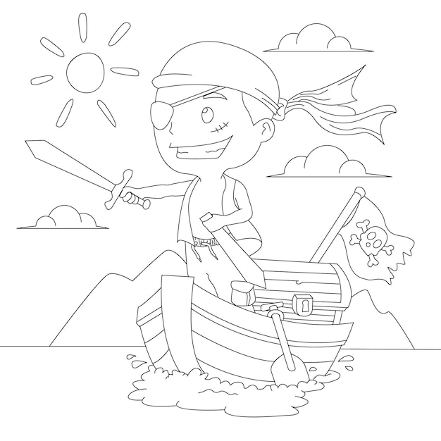 Children's coloring illustration with pirate kid and boat