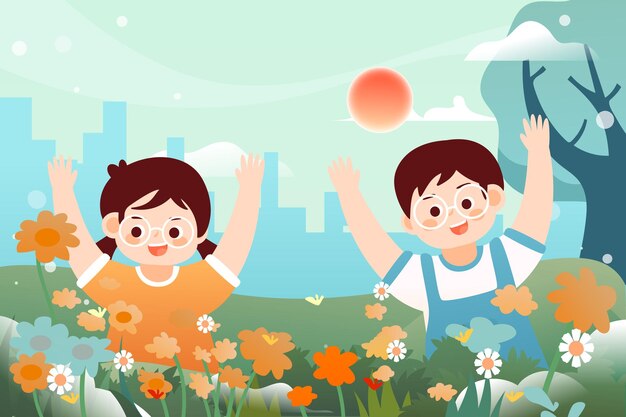 Children's Day kids playing outdoors with plants and buildings in the background vector