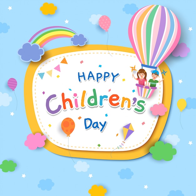 Children's Day with boy and girl on balloon and rainbow 