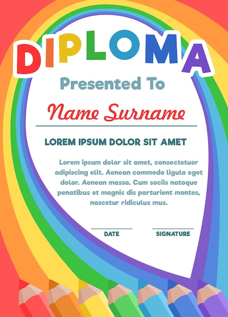 Children's diploma on the background of colored pencils and rainbows Template for certificate announcement voucher certificate of honor award Vector illustration