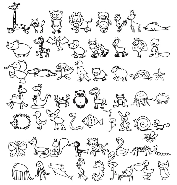 Children's drawings of cute doodle animals illustrations