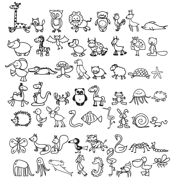 Vector children's drawings of cute doodle animals illustrations