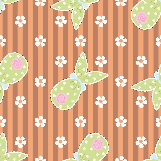 Children's Easter seamless pattern, egg with a bow and ears, a gift rabbit, chamomile flowers