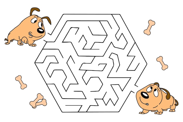 Children's educational maze with funny funny dogs and bones. Educational illustration