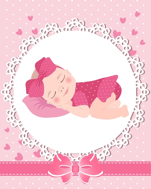 Children's greeting card with a cute baby girl on a lace template with a bow and hearts.