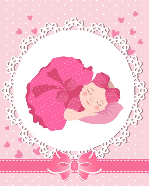 Children's greeting card with a cute baby girl on a lace template with a bow and hearts.