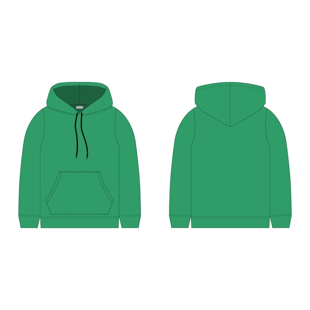 Children's hoodie in green color isolated  . Technical sketch hoody kids clothes.