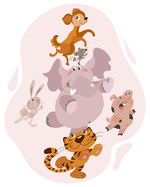 Children's illustration of animals funny cartoon pig elephant dog hare and tiger cub