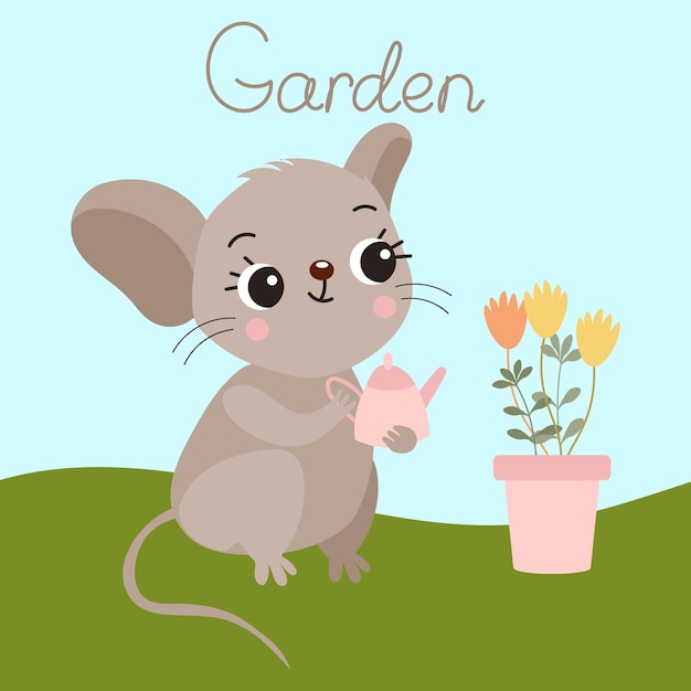 Children's illustration cute mouse with a watering can and a pot of flowers on a nature background