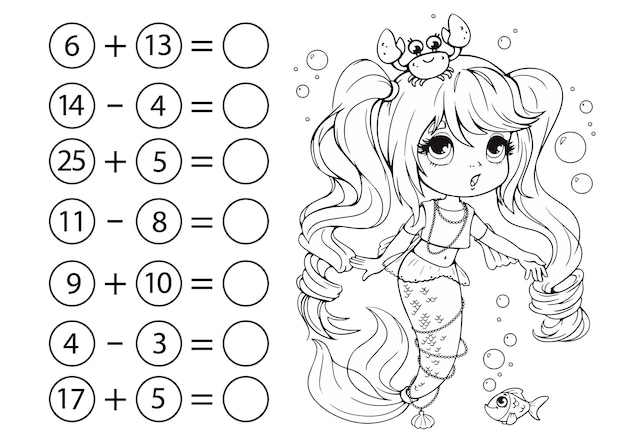 Children's math game subtraction and addition of numbers Coloring book with cute little mermaid