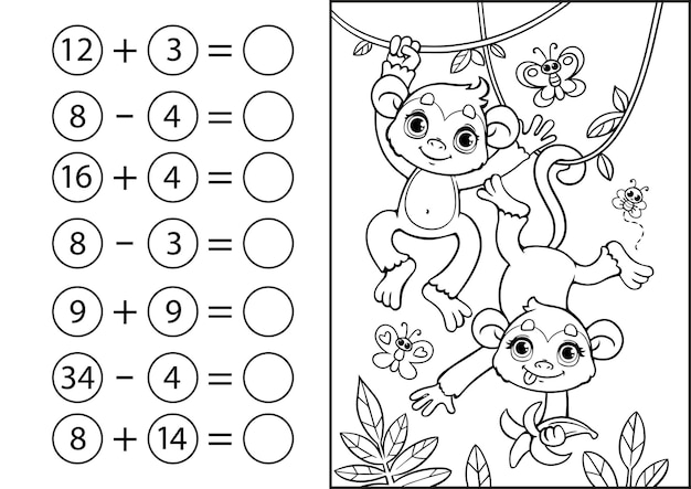 Children's math game subtraction and addition of numbers Coloring book with cute monkey marmosets