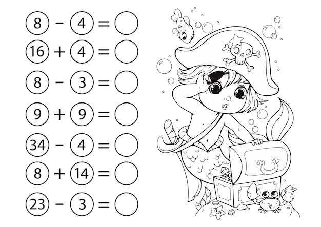 Children's math game subtraction and addition of numbers Coloring book with a mermaid boy