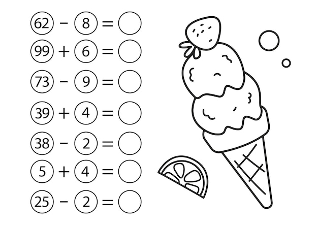 Children's math game subtraction and addition of numbers Coloring page ice cream Mini task write