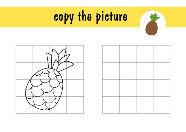 Children s mini-game draw a pineapple on paper. Copy the fruit picture using grid lines, simple toddler game with easy level of play, drawing for kids.