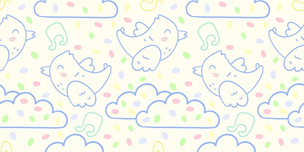 Children s pattern with a bird and clouds vector seamless pattern in the style of doodles handdrawn