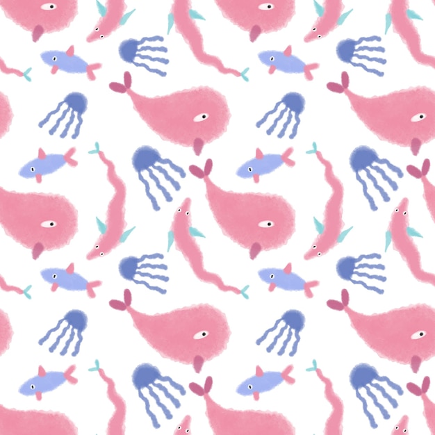 Children's pattern with the underwater world painted in watercolor Pink whales and blue jellyfish