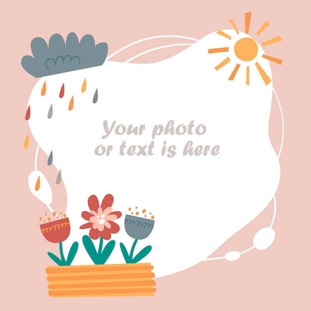 Children's photo frame invitation template with sun and flowers