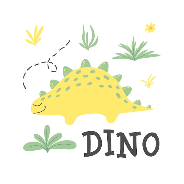 Vector children's poster with a cute dinosaur handdrawn illustration with dino the illustration is suitable for pints nursery posters postcards vector illustration