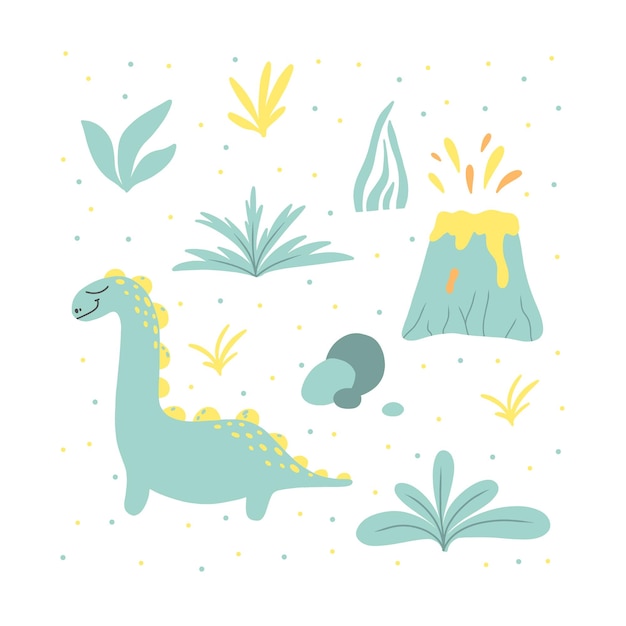 Vector children's poster with a cute dinosaur handdrawn illustration with dino the illustration is suitable for pints nursery posters postcards vector illustration