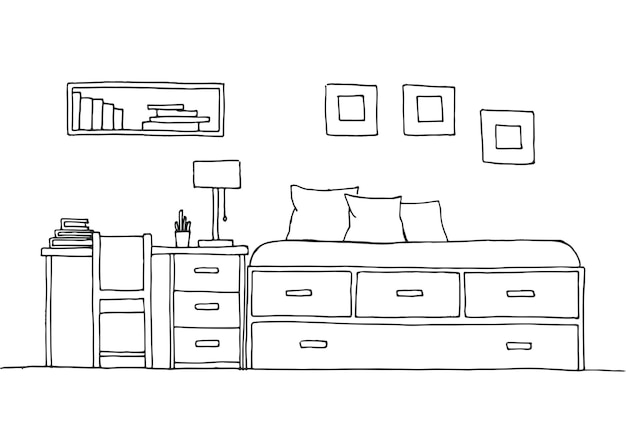 Children's room. Children's furniture. Bed, table and chair. Hand drawn vector illustration of a sketch style.