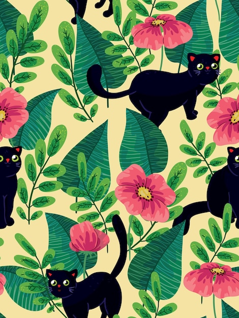 Children's seamless pattern with cute cartoon animals Little black cats walk among pink flowers and other plants Colorful vector illustration