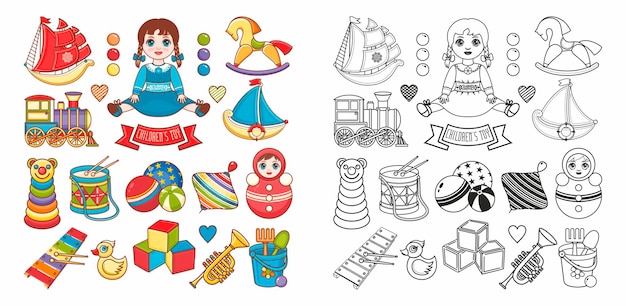 Children's toy Coloring book page Drum Pyramid children's beach balls Percussion yellow duck