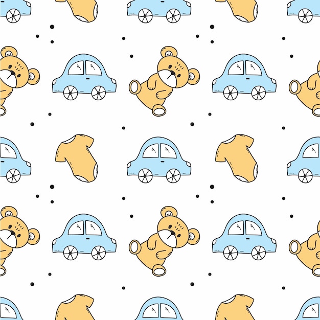 Children's toys Teddy bear and car Seamless pattern for boy Print on fabric and wrapping paper Vector doodle illustration