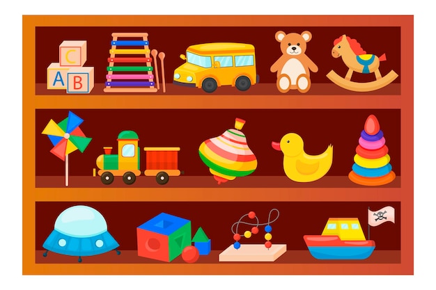 Children's toys on a wooden shelf. Cartoon style. Kit. For your design.