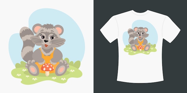 Children's Tshirt design with a cute cartoon raccoon and fly agaric Drawing of a cartoon raccoon