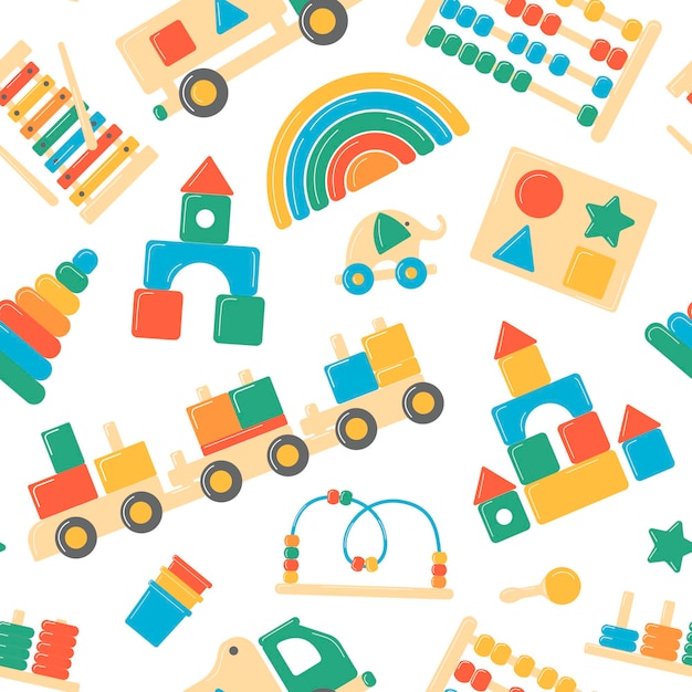 Children's wooden toys. Seamless pattern on a transparent background.