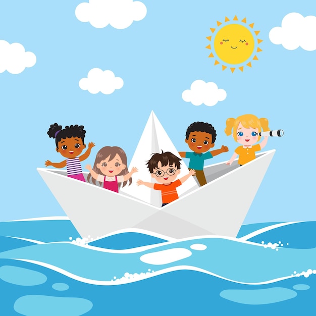 Children sailing with origami boat on the sea