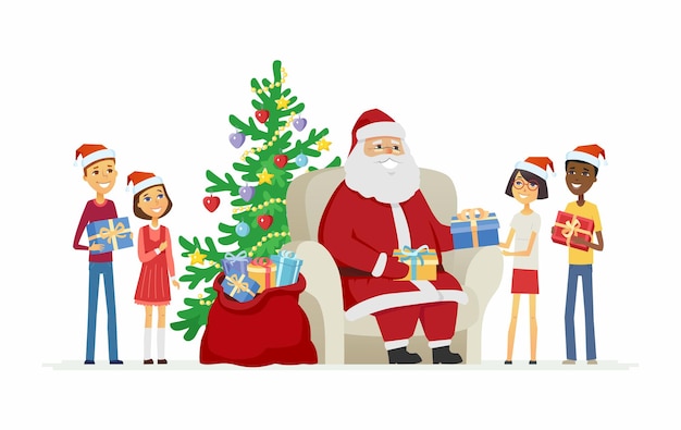 Children and Santa Claus - cartoon characters isolated illustration on white background. International boys, girls getting presents from Father Frost. Nice composition with armchair and Christmas tree