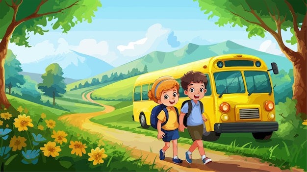 Vector children and school bus in nature cartoons illustration