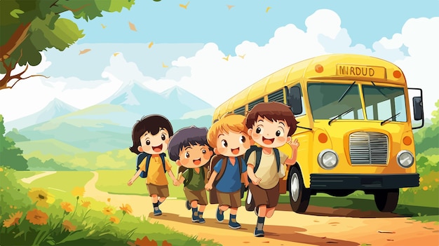 Vector children and school bus in nature cartoons illustration