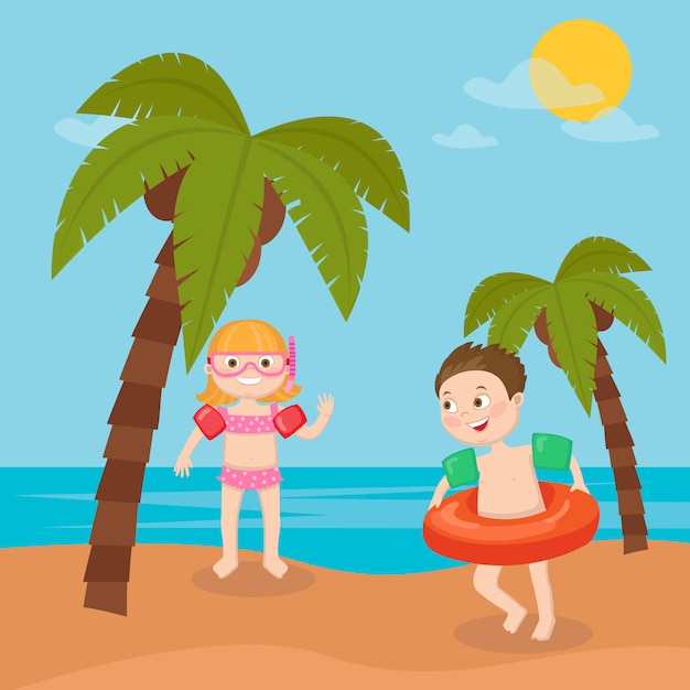 Children Sea Vacation. Girl and Boy Swimming on the Beach. Vector illustration