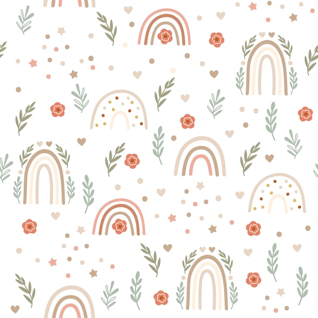 Children Seamless pattern design  with rainbows and florals.