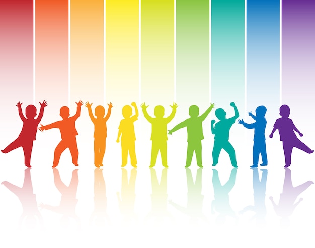 Children silhouettes on rainbow background