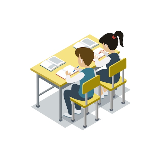 Children sit at desk isometric illustration