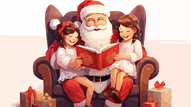 Vector children sit on santa clauss knees listening to stories