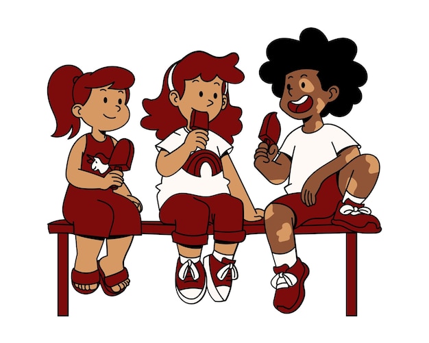 Children sitting on a bench and eating ice cream Vector illustration