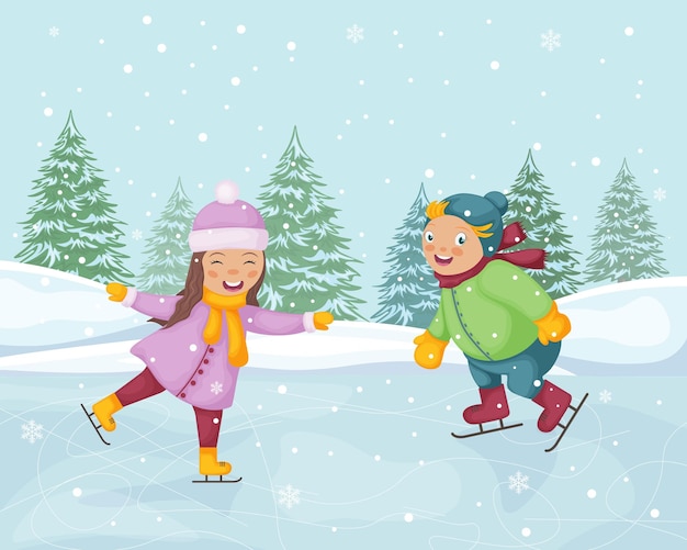 Children at the skating rink Cute winter illustration of children skating on ice Funny boy and girl on a skating rink against the background of a winter forest Vector