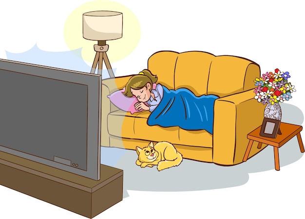 children sleeping on sofa in front of tv cartoon vector