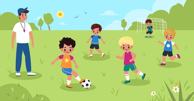 Children soccer. Kids play football in summer park, boys sport team workout with male coach, goalkeeper on gate, young athletes activity. Little friends play together vector cartoon childhood concept