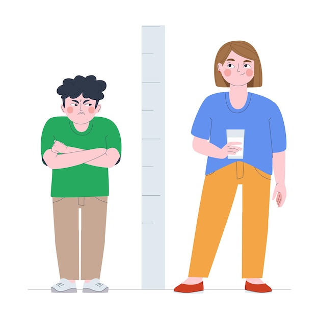 Children stand near a meter to measure height The boy is angry the girl smiles Glass of milk