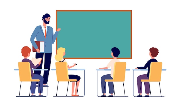 Children study with teacher. School inclusion study, kids discuss in classroom. Girl boy sitting and learning, education vector illustration. Teacher education at lesson in classroom