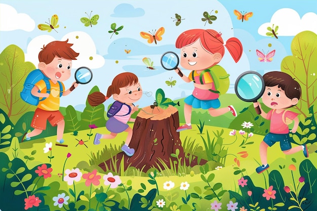 Vector children studying nature with magnifying tools