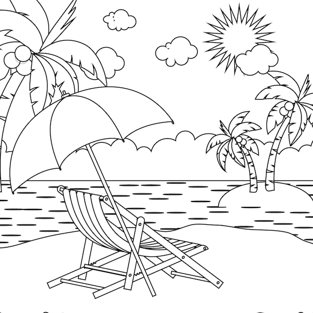 Children summer beach coloring illustration for kids blank printable design for children