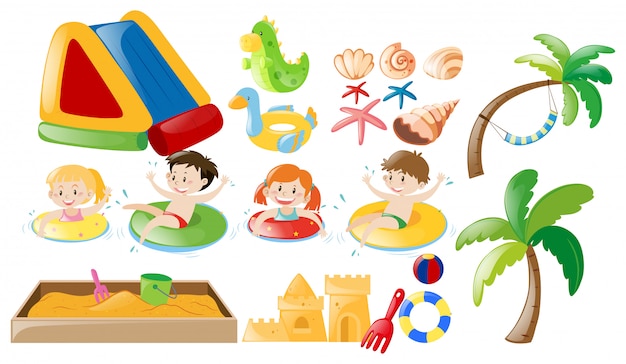 Children swimming and beach toys